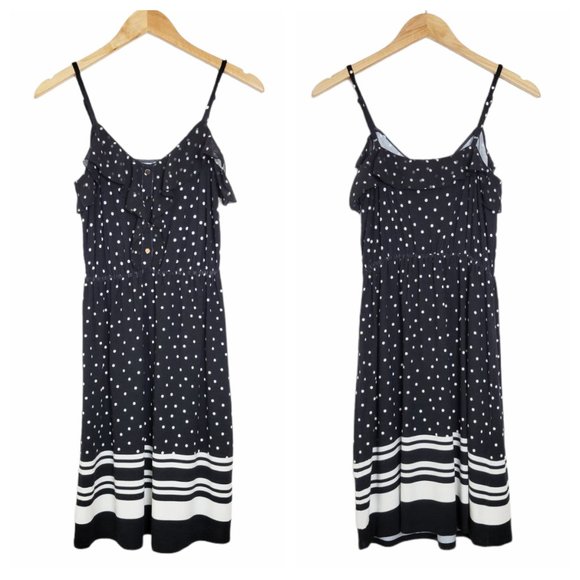 Elle Summer Dress Polka Dot Black and White Ruffled Adjustable Spaghetti Strap - Picture 6 of 8